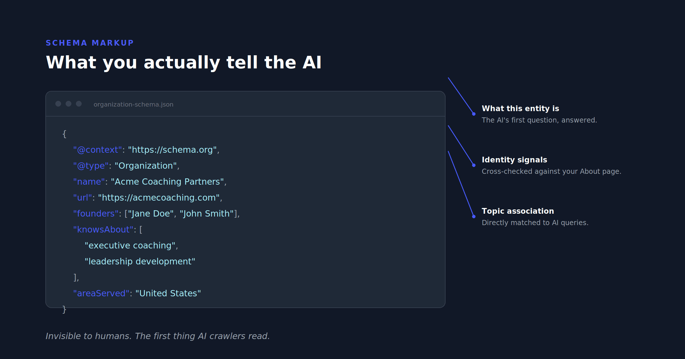JSON-LD schema markup example for an Organization, with three annotations pointing to the @type, founders, and knowsAbout fields — the parts of the schema that AI platforms use to identify and categorize a business.